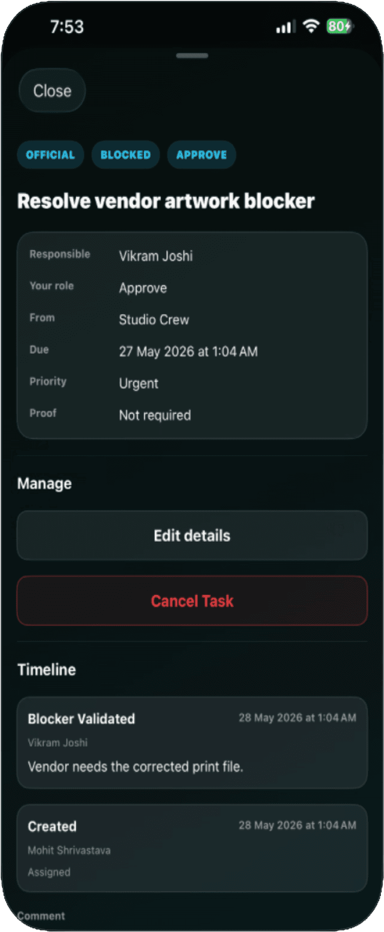 Tassenger task detail with owner, proof, and timeline